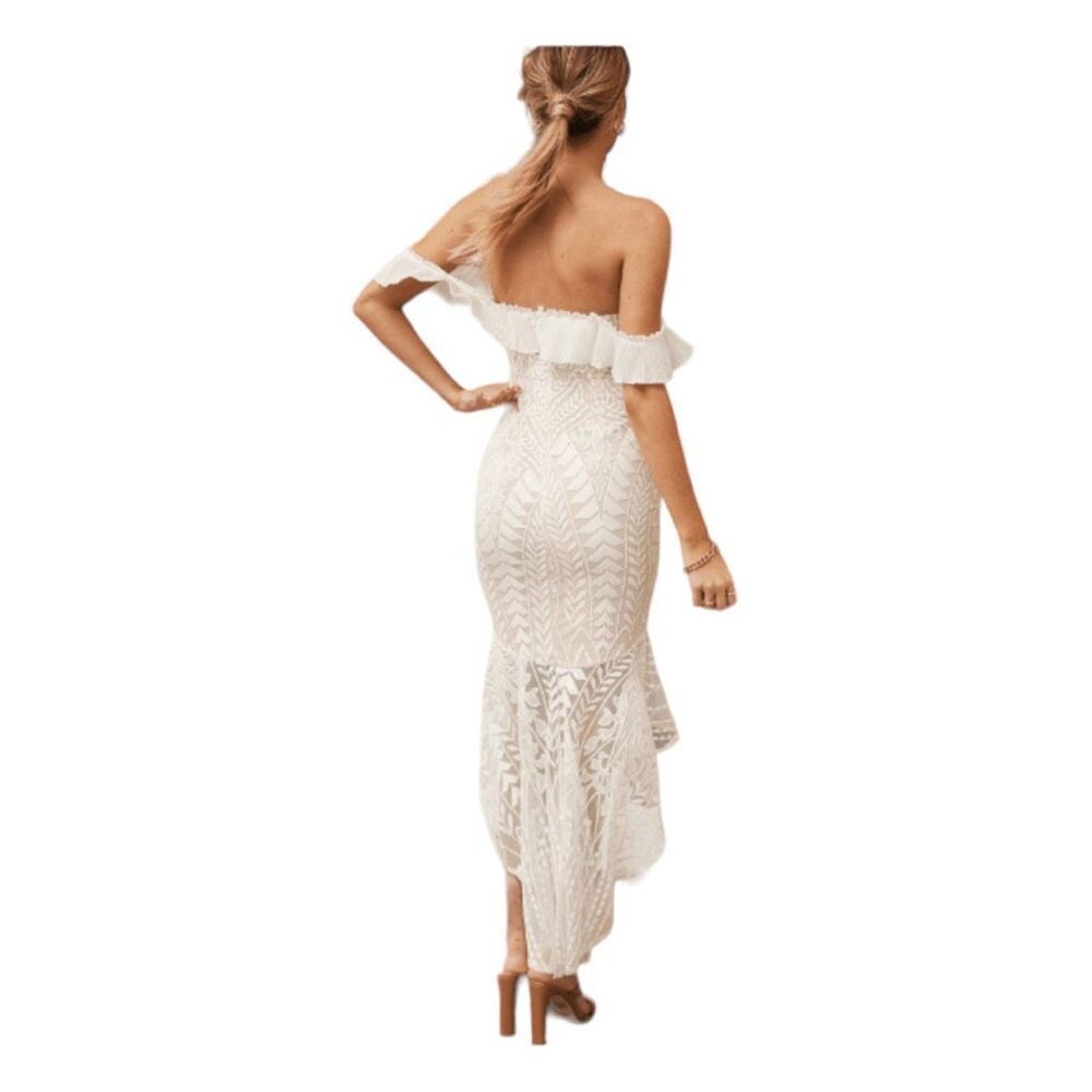 Selfie Leslie Dreamy Off The Shoulder Dress Ivory Tan Lace High Low Ruffle S - Picture 3 of 13